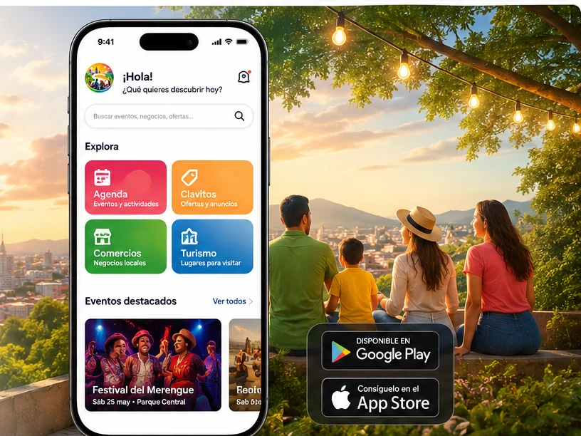 Una familia disfruta la vista de Santiago junto a una vista previa de SantiagoApp